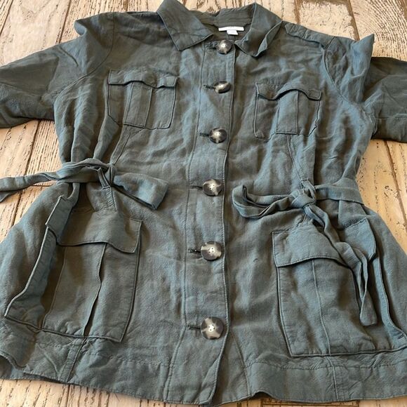 J. Jill M Petite Olive Green Safari Linen Rayon Blend Belted Utility Jacket Coat - Picture 8 of 13